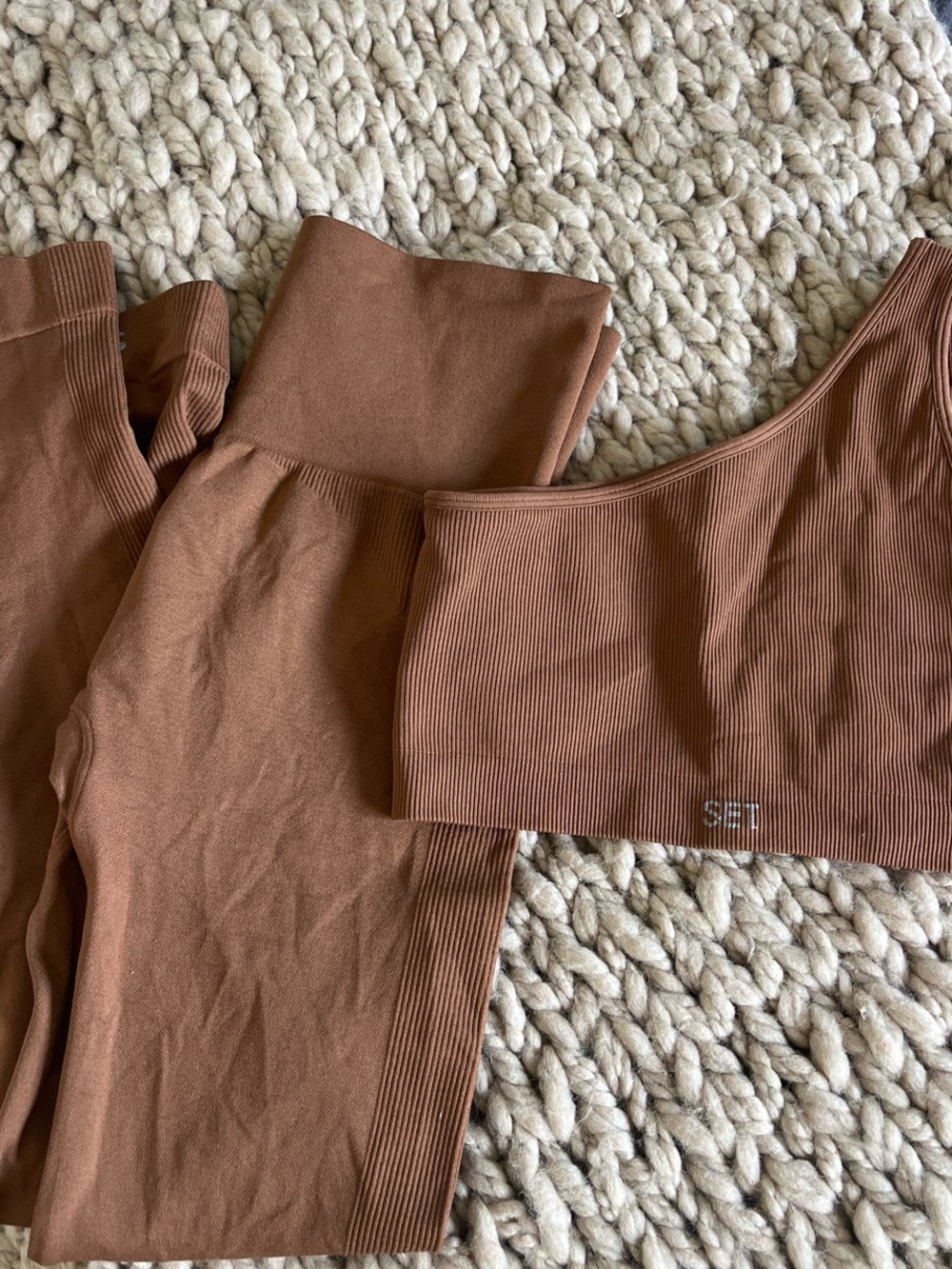 SET Active Brown Ribbed One-Shoulder Crop Top & High-Waist Leggings